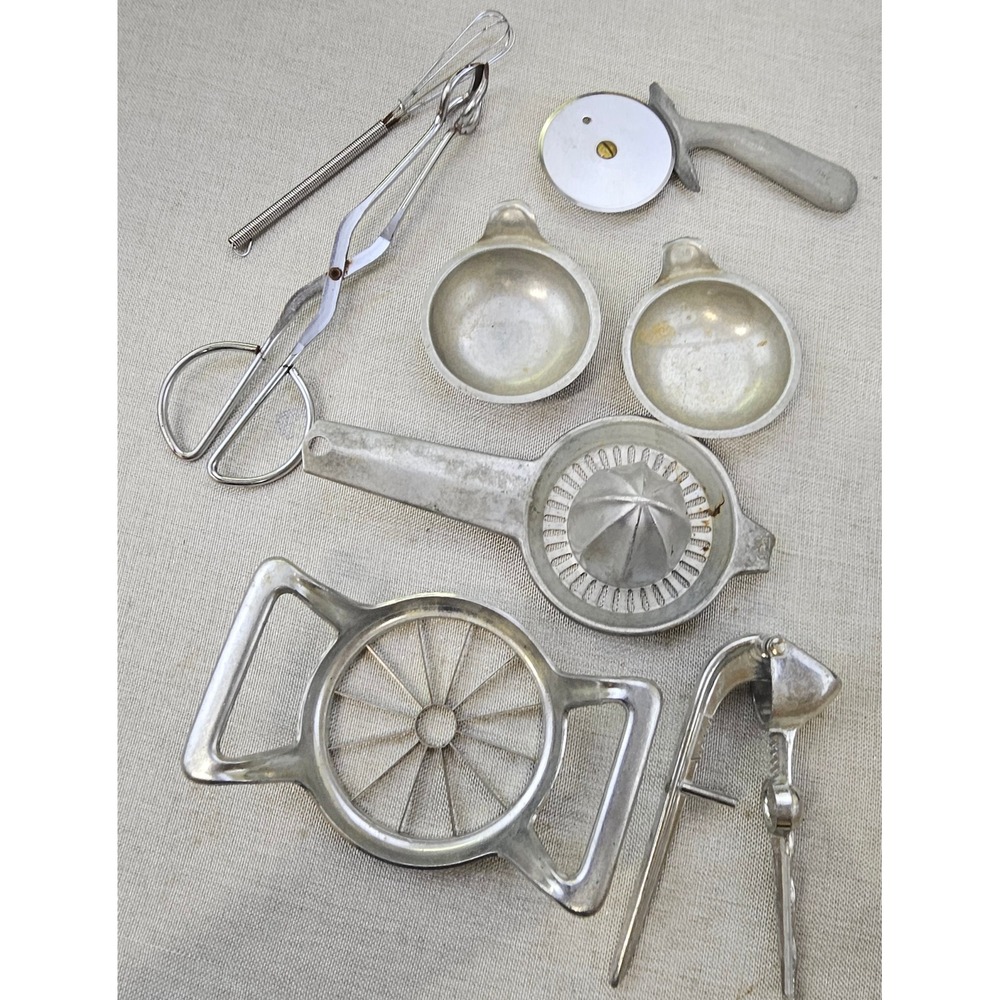Vintage Aluminum Kitchen Tool Lot 8pc Juicer Apple Slicer Nutcracker Whisk Retro